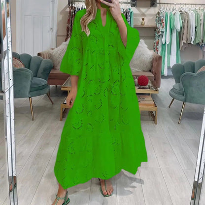 Dresses For Dresses Spring Summer Shirt Dress 2023 White Dresses V-Neck Flared Sleeves Lace Hollow Solid Color Sexy Long Dresses