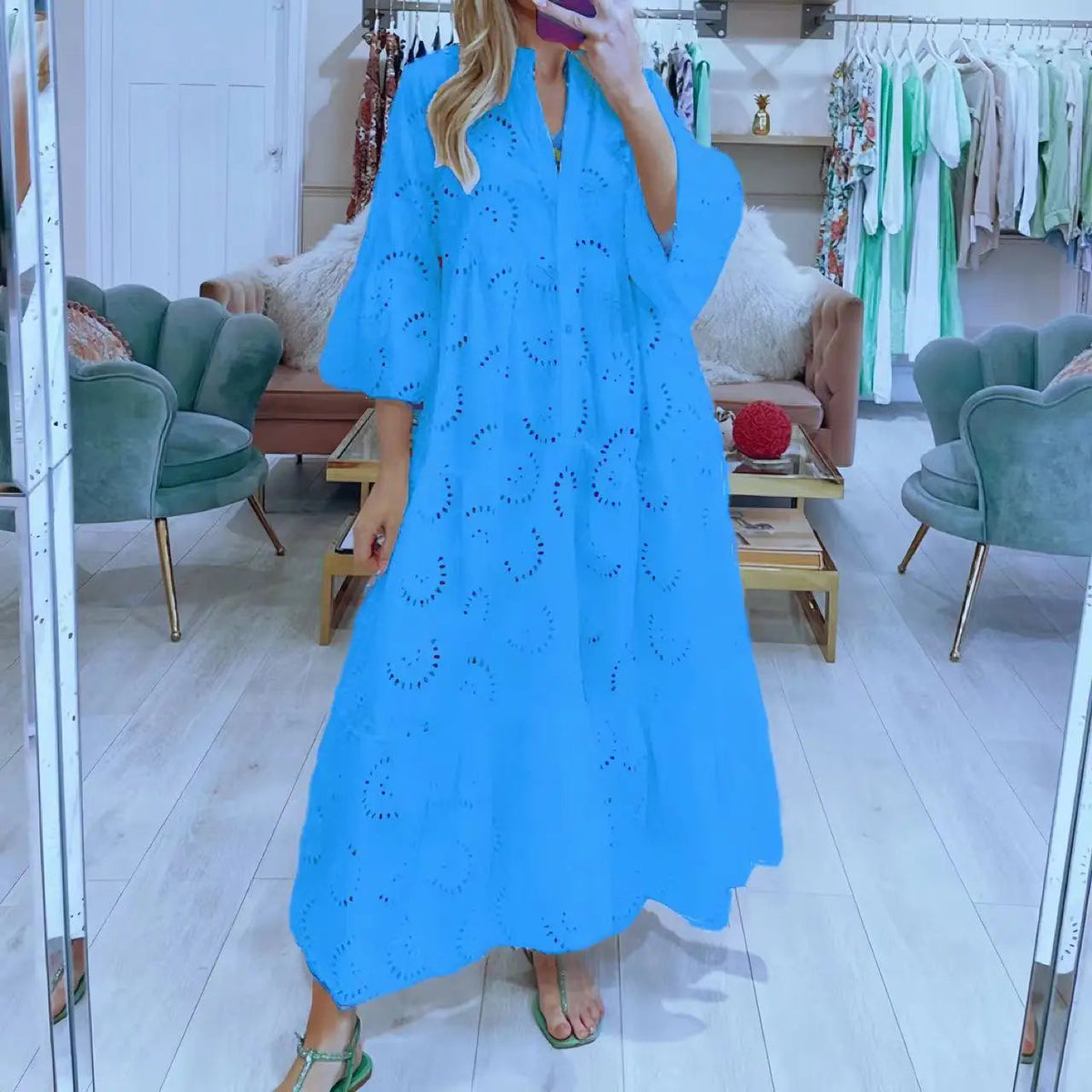 Dresses For Dresses Spring Summer Shirt Dress 2023 White Dresses V-Neck Flared Sleeves Lace Hollow Solid Color Sexy Long Dresses