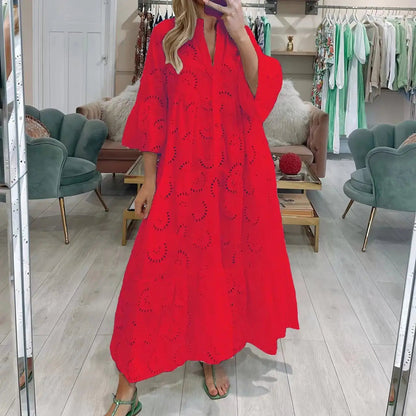 Dresses For Dresses Spring Summer Shirt Dress 2023 White Dresses V-Neck Flared Sleeves Lace Hollow Solid Color Sexy Long Dresses