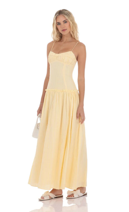 Embroidered Striped Maxi Dress in Yellow