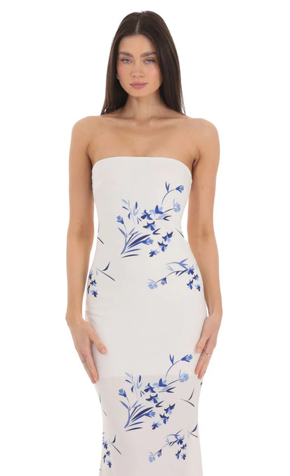 Floral Back Bow Strapless Maxi Dress in White