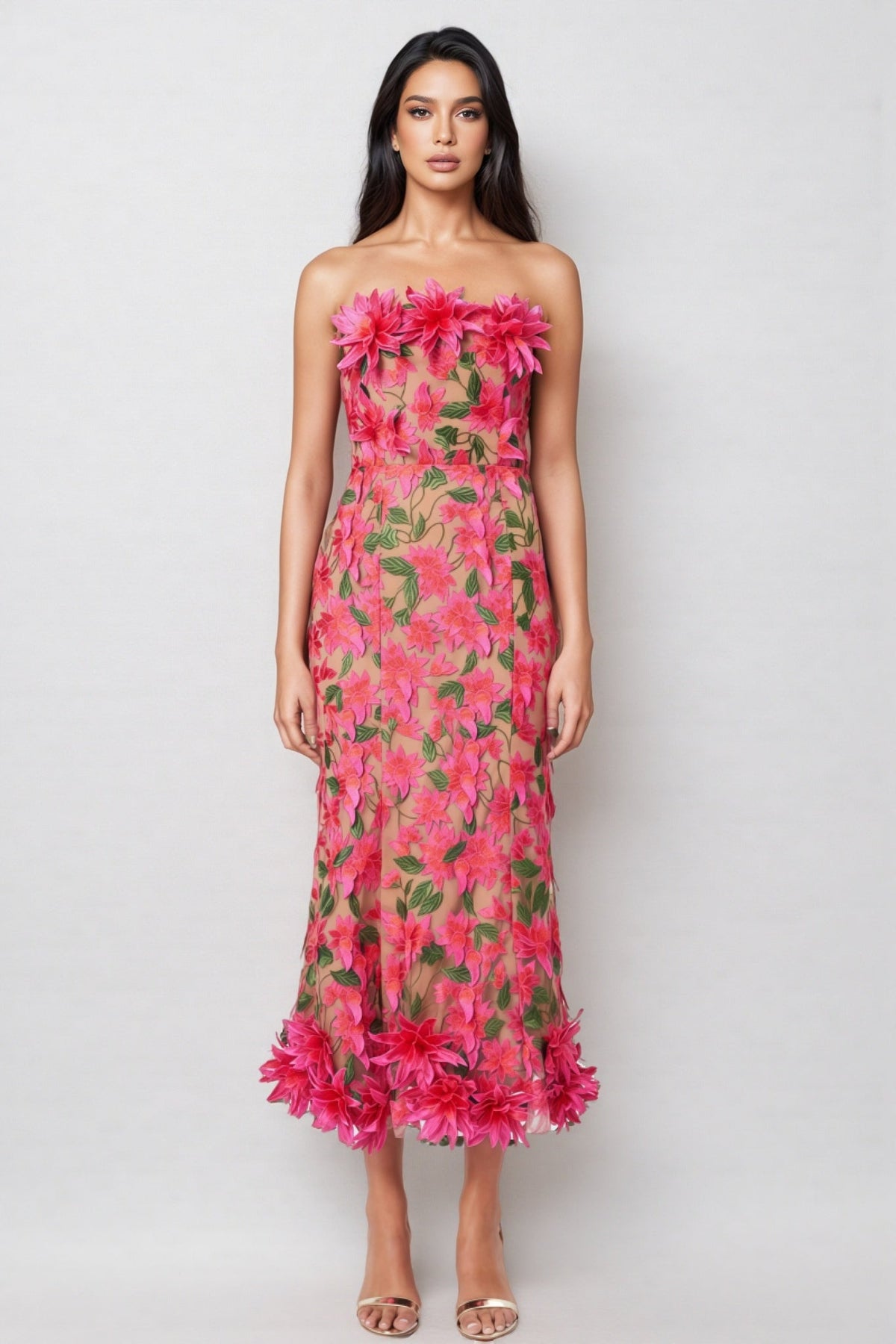 Adame 3D Floral Mesh Midi Dress