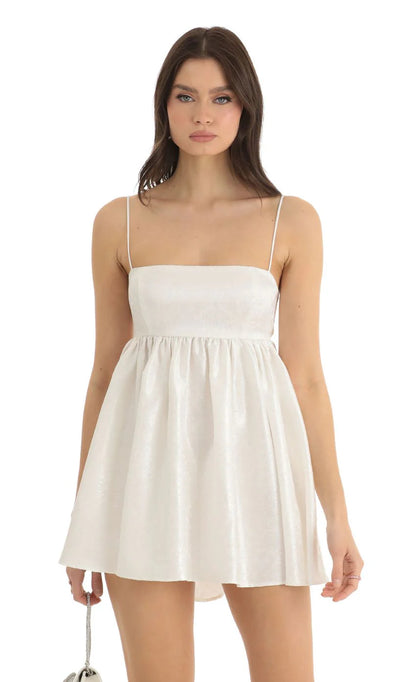 Floral Jacquard Baby Doll Dress in White