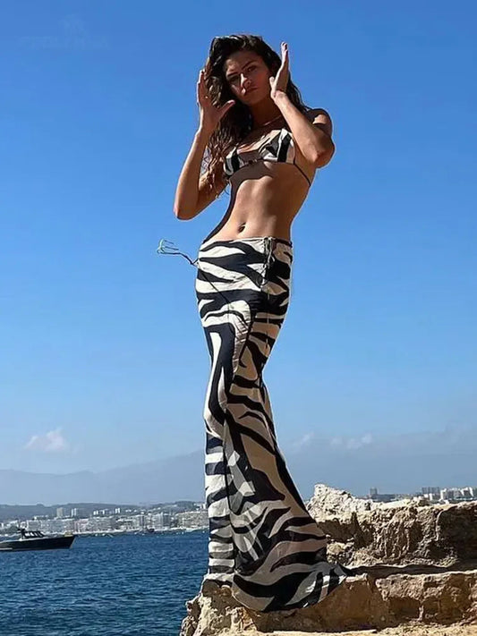 Edolynsa Sexy Zebra Stripes 3 Pieces Bikini Set 2024 Summer Beach Wear Triangle Bikinis Swimsuit Skirt Swimwear Cover-Up A1554