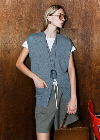Wool Blend V Neck Sweater Vest Gray Casual Knit
