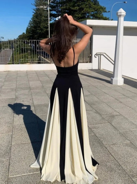 Elegant Black White Contrasting Women Sling Dress Fashion Backless Sleeveless High Waist Maxi Dresses Female Party A-Line Robes