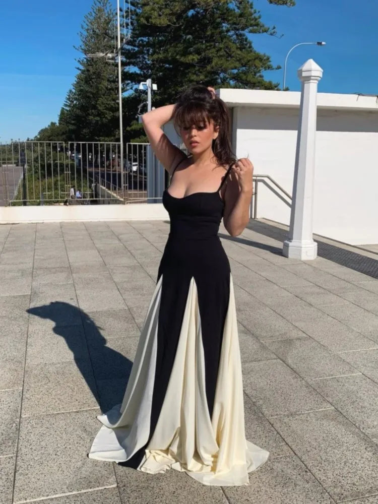Elegant Black White Contrasting Women Sling Dress Fashion Backless Sleeveless High Waist Maxi Dresses Female Party A-Line Robes