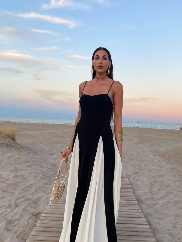 Elegant Black White Contrasting Women Sling Dress Fashion Backless Sleeveless High Waist Maxi Dresses Female Party A-Line Robes