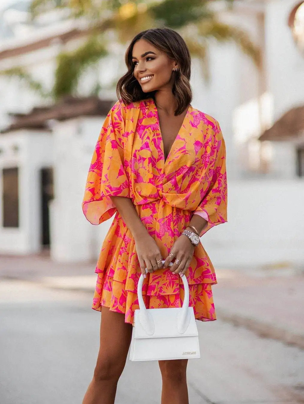 Elegant Office Dress For Wome'S Casual Bat Sleeve Flowers Print Bohemian Beach Vacation Sundress Women Summer Ruffl Mini Dresses