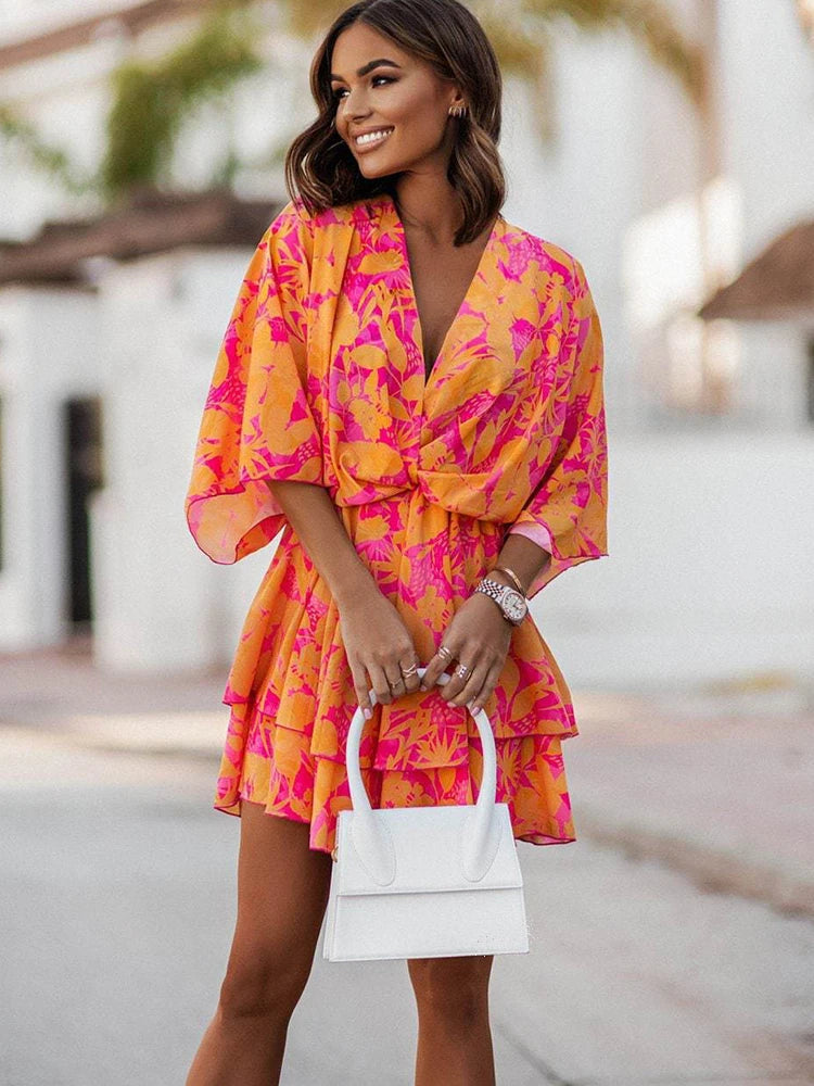 Elegant Office Dress For Wome'S Casual Bat Sleeve Flowers Print Bohemian Beach Vacation Sundress Women Summer Ruffl Mini Dresses