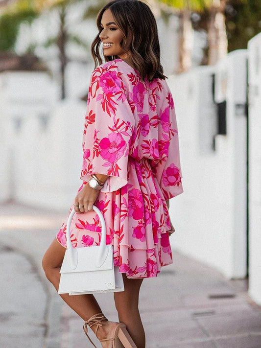 Elegant Office Dress For Wome'S Casual Bat Sleeve Flowers Print Bohemian Beach Vacation Sundress Women Summer Ruffl Mini Dresses