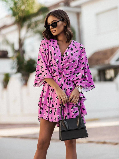 Elegant Office Dress For Wome'S Casual Bat Sleeve Flowers Print Bohemian Beach Vacation Sundress Women Summer Ruffl Mini Dresses