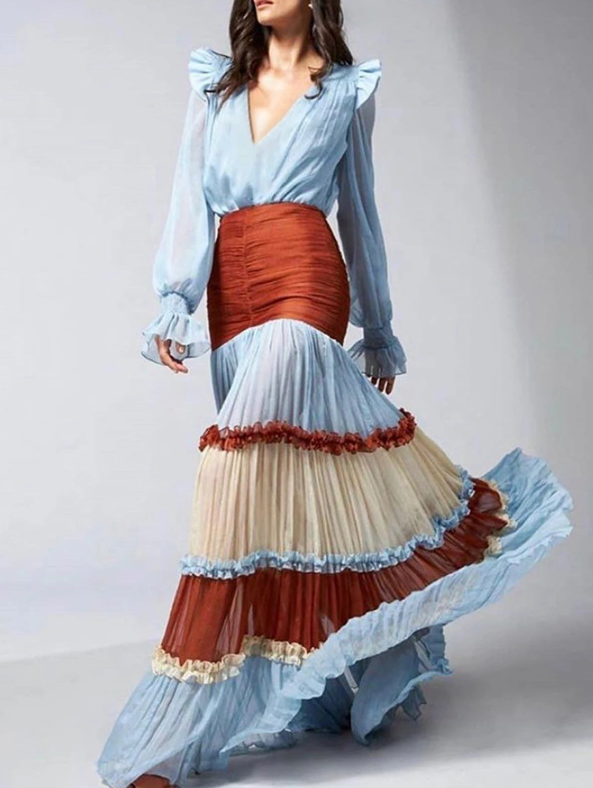 Elegant Ruffle Dress For Women Tiered A-Line Sweet Fashion Lantern Sleeve V-Neck Patchwork Layer Long Dress For Autumn 2024