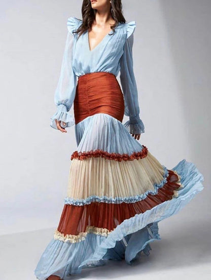 Elegant Ruffle Dress For Women Tiered A-Line Sweet Fashion Lantern Sleeve V-Neck Patchwork Layer Long Dress For Autumn 2024