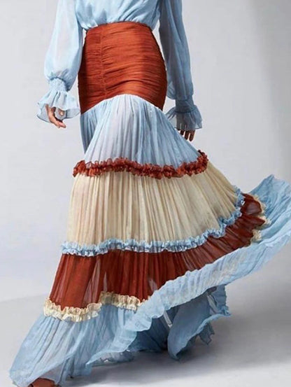 Elegant Ruffle Dress For Women Tiered A-Line Sweet Fashion Lantern Sleeve V-Neck Patchwork Layer Long Dress For Autumn 2024