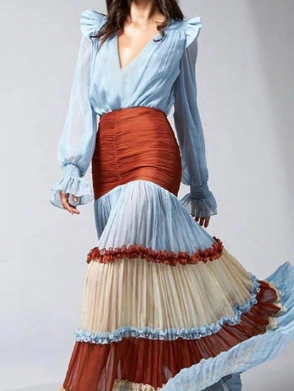 Elegant Ruffle Dress For Women Tiered A-Line Sweet Fashion Lantern Sleeve V-Neck Patchwork Layer Long Dress For Autumn 2024
