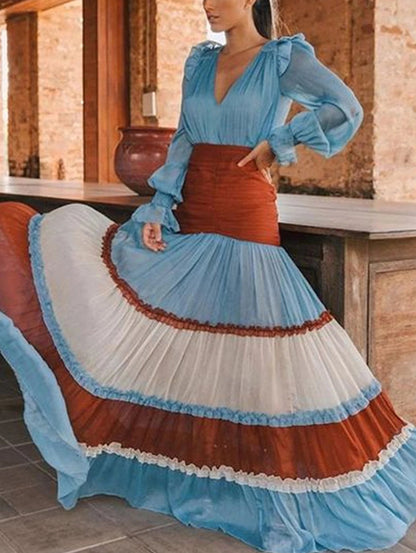 Elegant Ruffle Dress For Women Tiered A-Line Sweet Fashion Lantern Sleeve V-Neck Patchwork Layer Long Dress For Autumn 2024