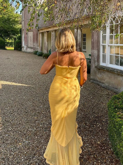 Elegant Solid Irregular Hem Pleated Dress Sexy Backless Off-The-Shoulder Spaghetti Strap Vestidos New Lady Banquet Party Gowns