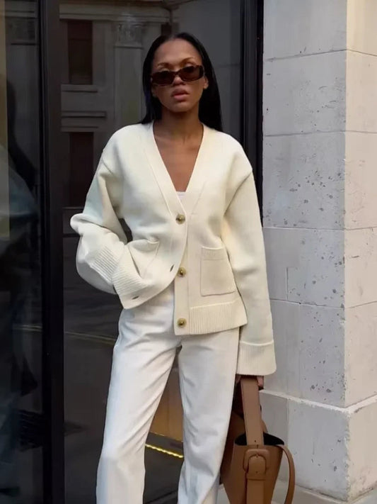Elegant Solid V Neck Pocket Knitted Cardigan Women Casual Long Sleeves Single-Breasted Loose Sweater 2024 Autumn Lady Streetwear