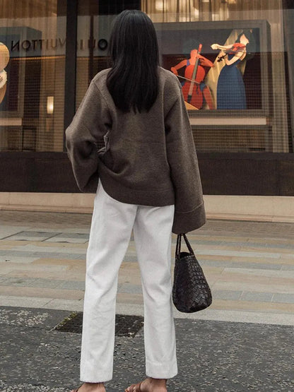 Elegant Solid V Neck Pocket Knitted Cardigan Women Casual Long Sleeves Single-Breasted Loose Sweater 2024 Autumn Lady Streetwear
