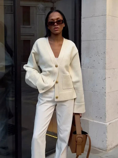 Elegant Solid V Neck Pocket Knitted Cardigan Women Casual Long Sleeves Single-Breasted Loose Sweater 2024 Autumn Lady Streetwear