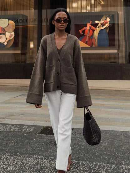 Elegant Solid V Neck Pocket Knitted Cardigan Women Casual Long Sleeves Single-Breasted Loose Sweater 2024 Autumn Lady Streetwear