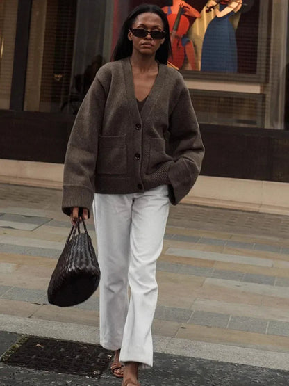 Elegant Solid V Neck Pocket Knitted Cardigan Women Casual Long Sleeves Single-Breasted Loose Sweater 2024 Autumn Lady Streetwear