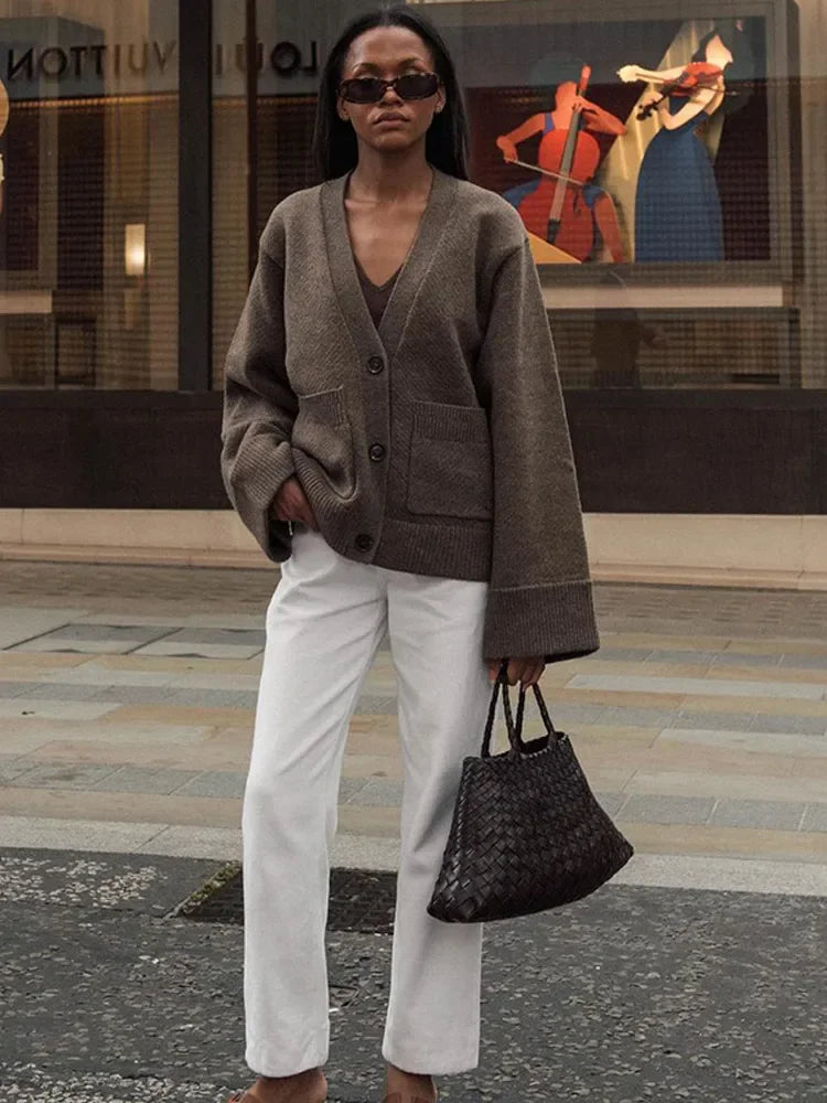 Elegant Solid V Neck Pocket Knitted Cardigan Women Casual Long Sleeves Single-Breasted Loose Sweater 2024 Autumn Lady Streetwear