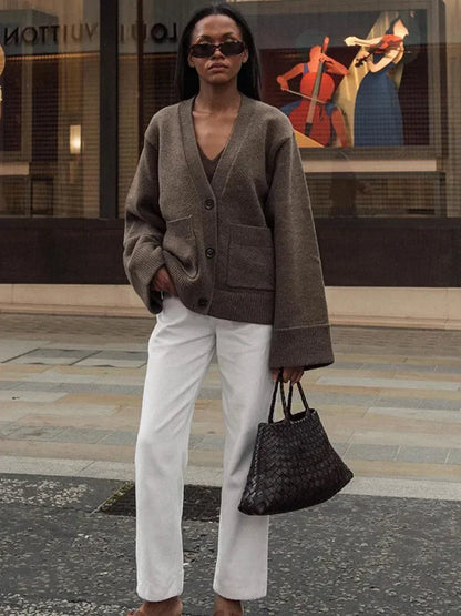 Elegant Solid V Neck Pocket Knitted Cardigan Women Casual Long Sleeves Single-Breasted Loose Sweater 2024 Autumn Lady Streetwear