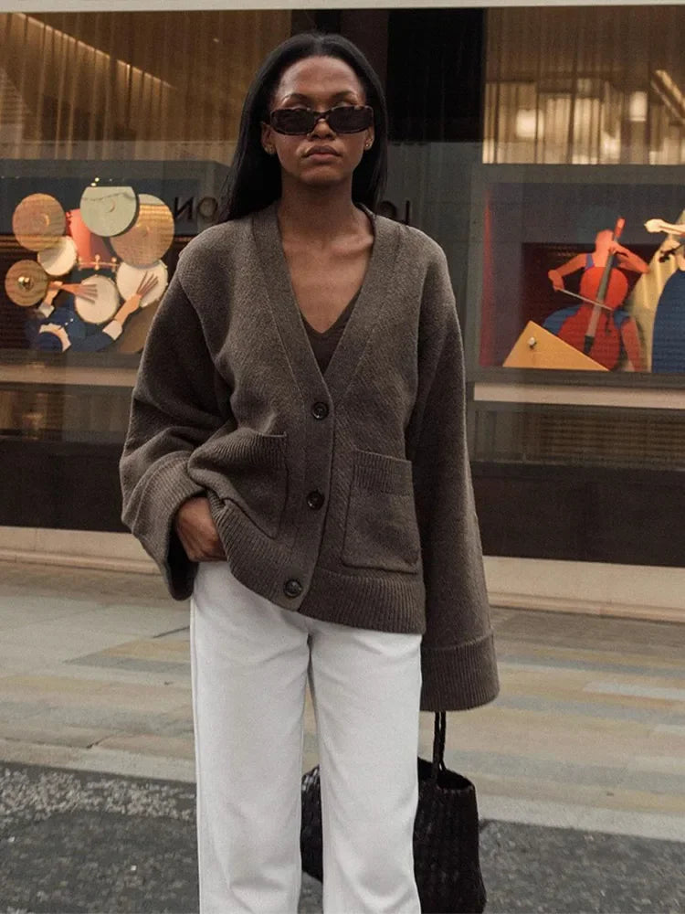 Elegant Solid V Neck Pocket Knitted Cardigan Women Casual Long Sleeves Single-Breasted Loose Sweater 2024 Autumn Lady Streetwear