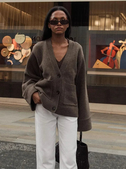Elegant Solid V Neck Pocket Knitted Cardigan Women Casual Long Sleeves Single-Breasted Loose Sweater 2024 Autumn Lady Streetwear