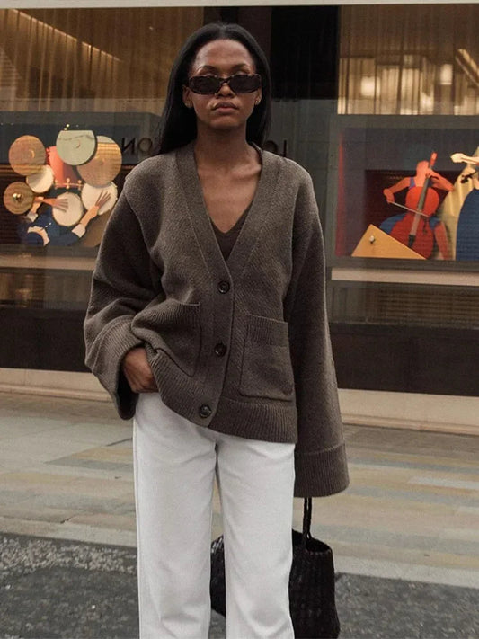 Elegant Solid V Neck Pocket Knitted Cardigan Women Casual Long Sleeves Single-Breasted Loose Sweater 2024 Autumn Lady Streetwear