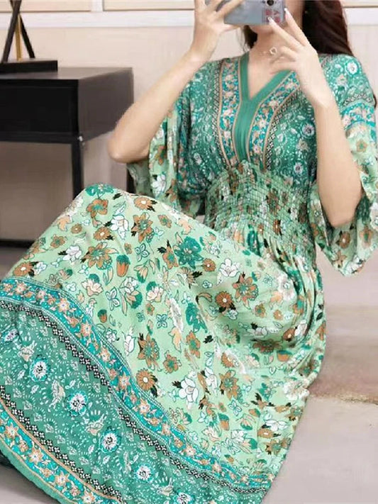 Elegant Sweet Bohemian Style V-Neck Elastic Waist Loose Large Swing Flower Printed Girls Summer Dress For Woman 2023  Skirt