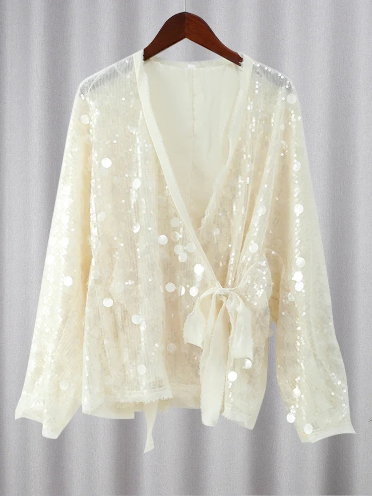 Elegant White Sequins Patchwork Lace-Up Shirt For Women Long Sleeve V-Neck Loose Short Coats Autumn Winter Street Partywear