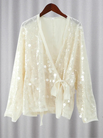 Elegant White Sequins Patchwork Lace-Up Shirt For Women Long Sleeve V-Neck Loose Short Coats Autumn Winter Street Partywear