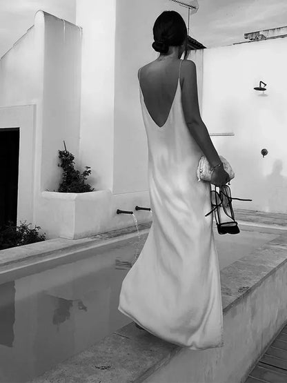 Elegant White V-Neck Slit Maxi Dress For Women Fashion Backless Sleeveless Sling Dresses 2024 Summer Female Beach Vacation Robes