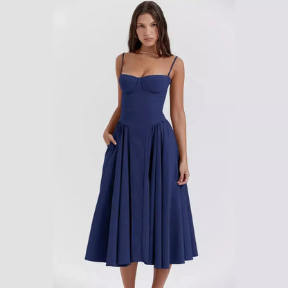 Elegant Women Solid Sling Long Pleated Dress Chic Sleeveless Backless A-Line Dresses 2024 Summer Party Club Date Evening Robes