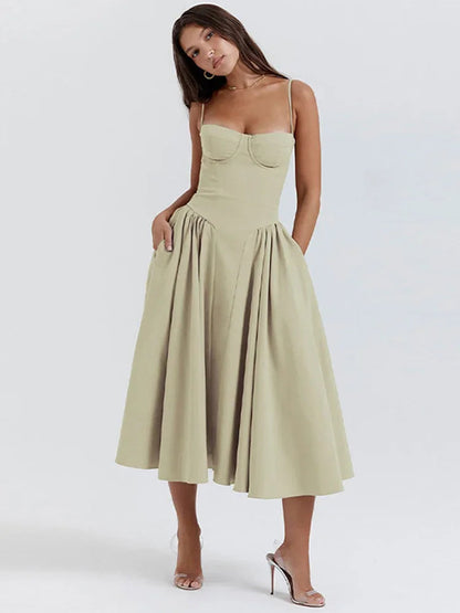 Elegant Women Solid Sling Long Pleated Dress Chic Sleeveless Backless A-Line Dresses 2024 Summer Party Club Date Evening Robes
