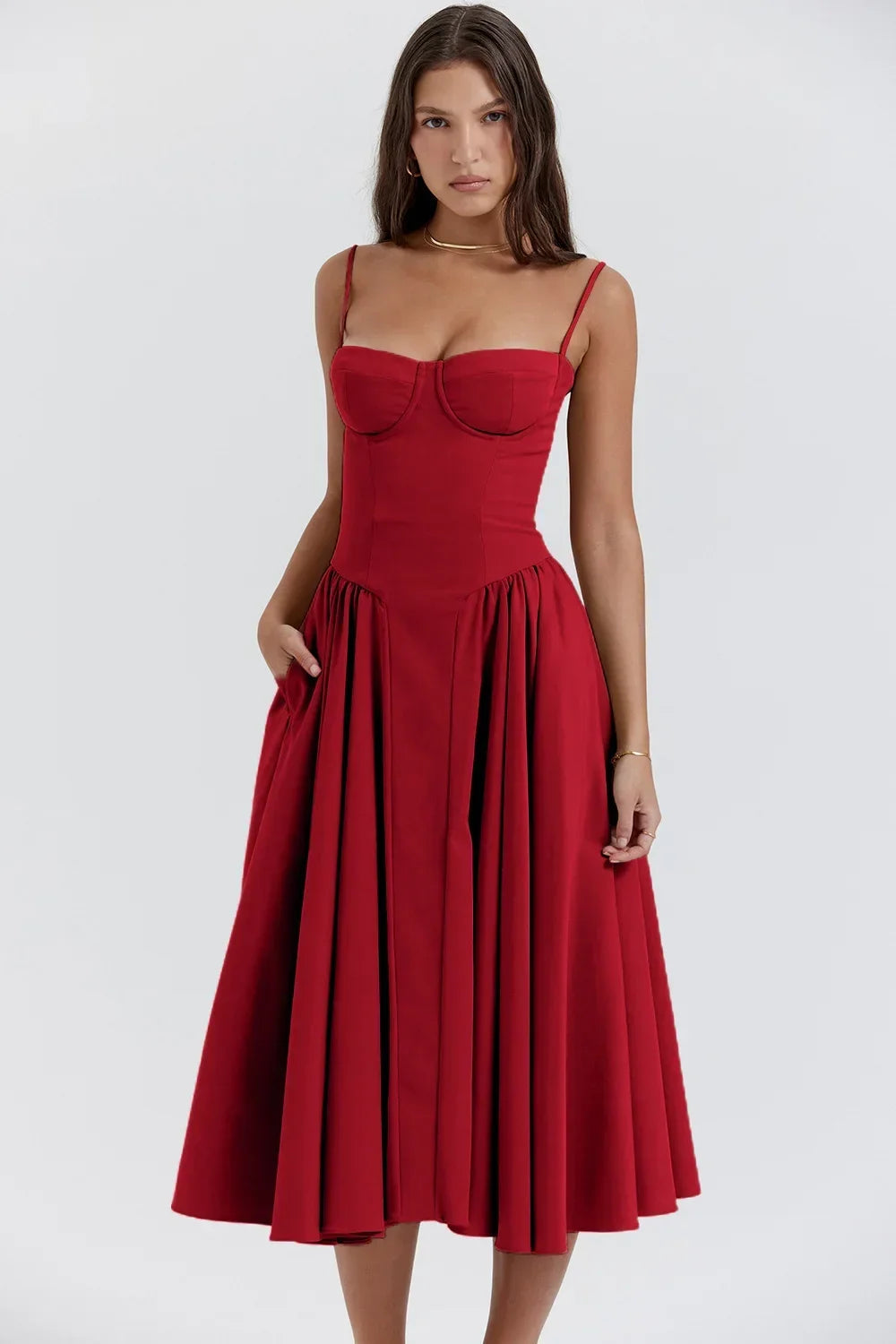 Elegant Women Solid Sling Long Pleated Dress Chic Sleeveless Backless A-Line Dresses 2024 Summer Party Club Date Evening Robes