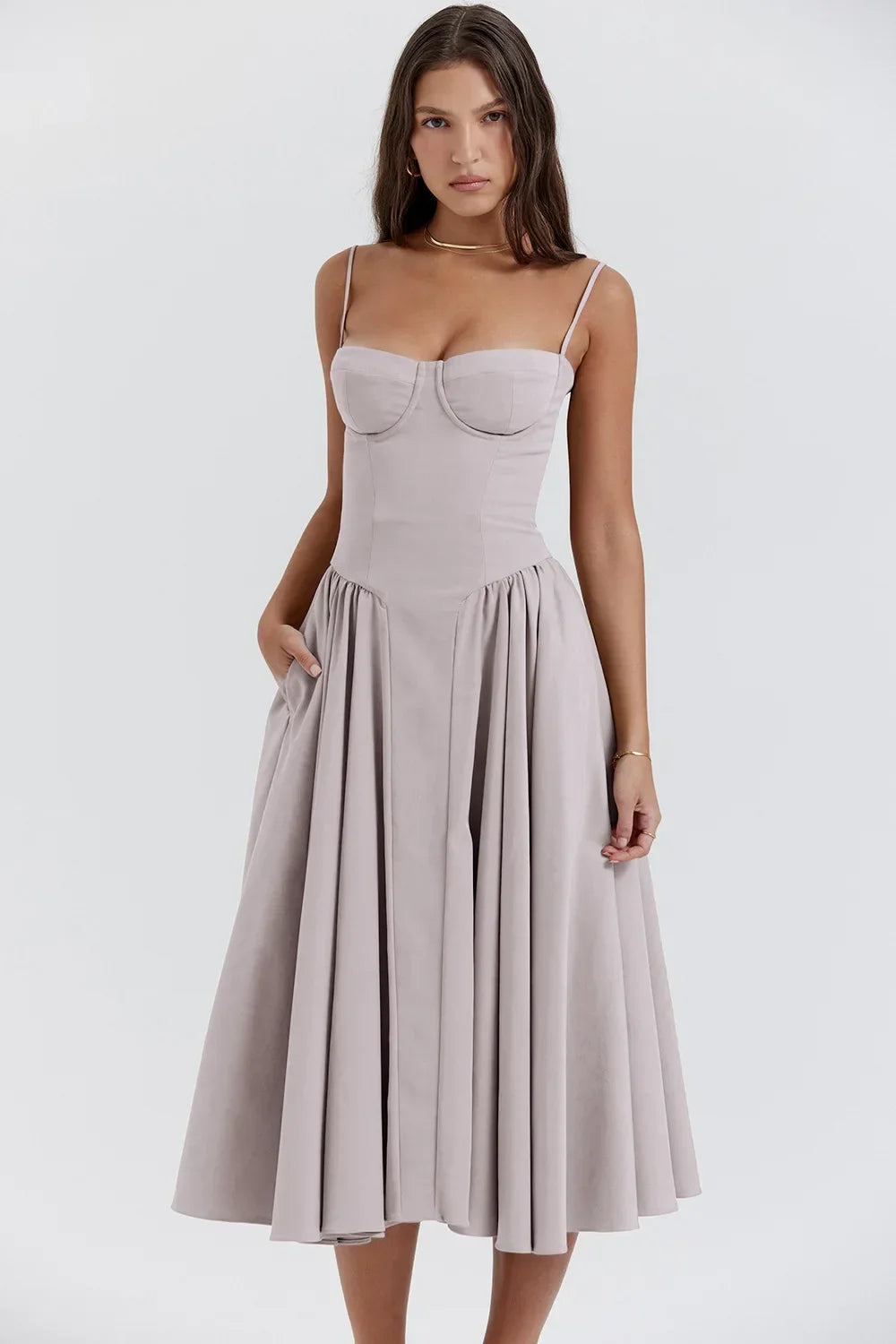 Elegant Women Solid Sling Long Pleated Dress Chic Sleeveless Backless A-Line Dresses 2024 Summer Party Club Date Evening Robes