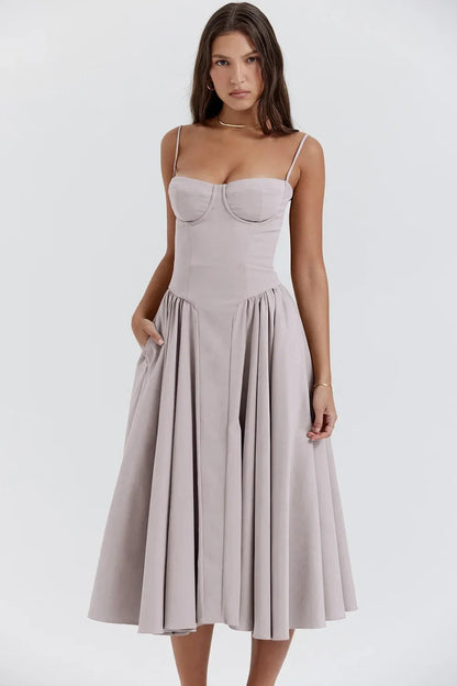 Elegant Women Solid Sling Long Pleated Dress Chic Sleeveless Backless A-Line Dresses 2024 Summer Party Club Date Evening Robes