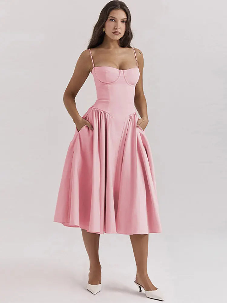Elegant Women Solid Sling Long Pleated Dress Chic Sleeveless Backless A-Line Dresses 2024 Summer Party Club Date Evening Robes