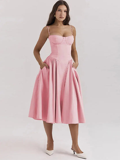 Elegant Women Solid Sling Long Pleated Dress Chic Sleeveless Backless A-Line Dresses 2024 Summer Party Club Date Evening Robes