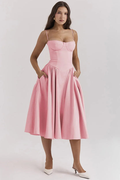 Elegant Women Solid Sling Long Pleated Dress Chic Sleeveless Backless A-Line Dresses 2024 Summer Party Club Date Evening Robes