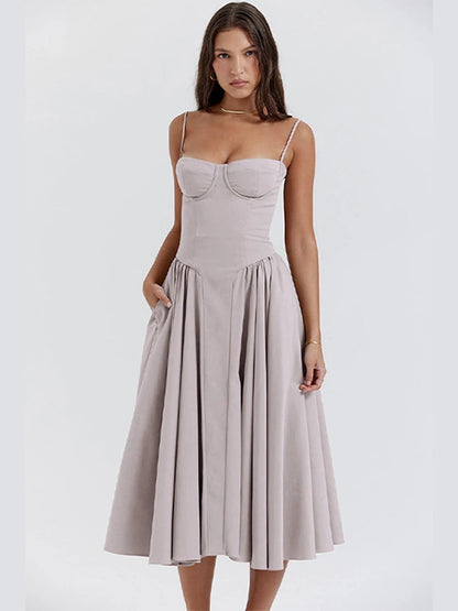 Elegant Women Solid Sling Long Pleated Dress Chic Sleeveless Backless A-Line Dresses 2024 Summer Party Club Date Evening Robes