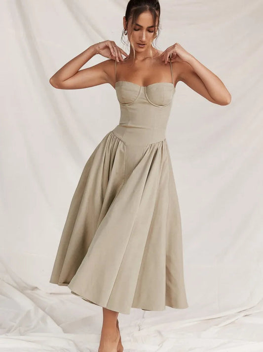 Elegant Women Solid Sling Long Pleated Dress Chic Sleeveless Backless A-Line Dresses 2024 Summer Party Club Date Evening Robes