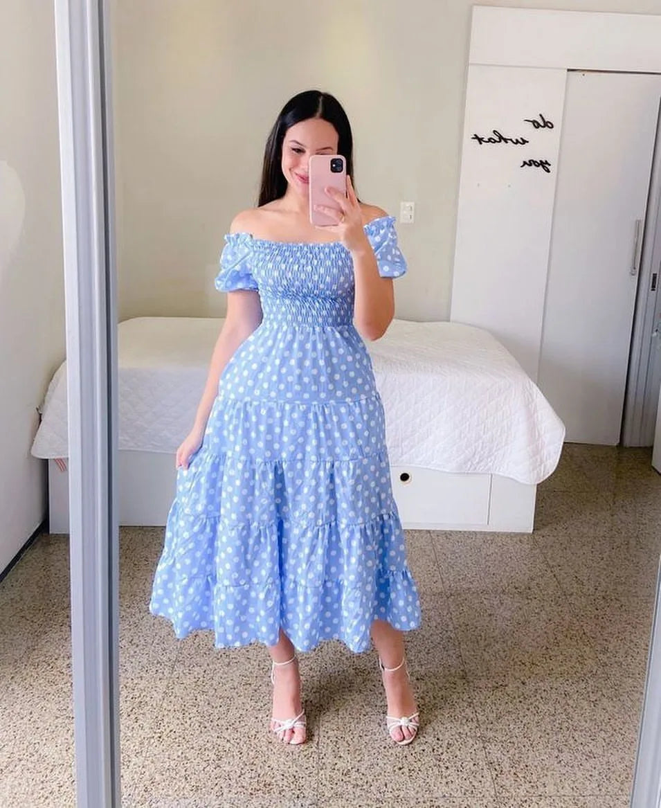 Elegant Women'S Off Shoulder Midi Dress 2024 Summer Fashion Dresses High Waist Flower Print Short  Sleeve Dress Robe Clothing