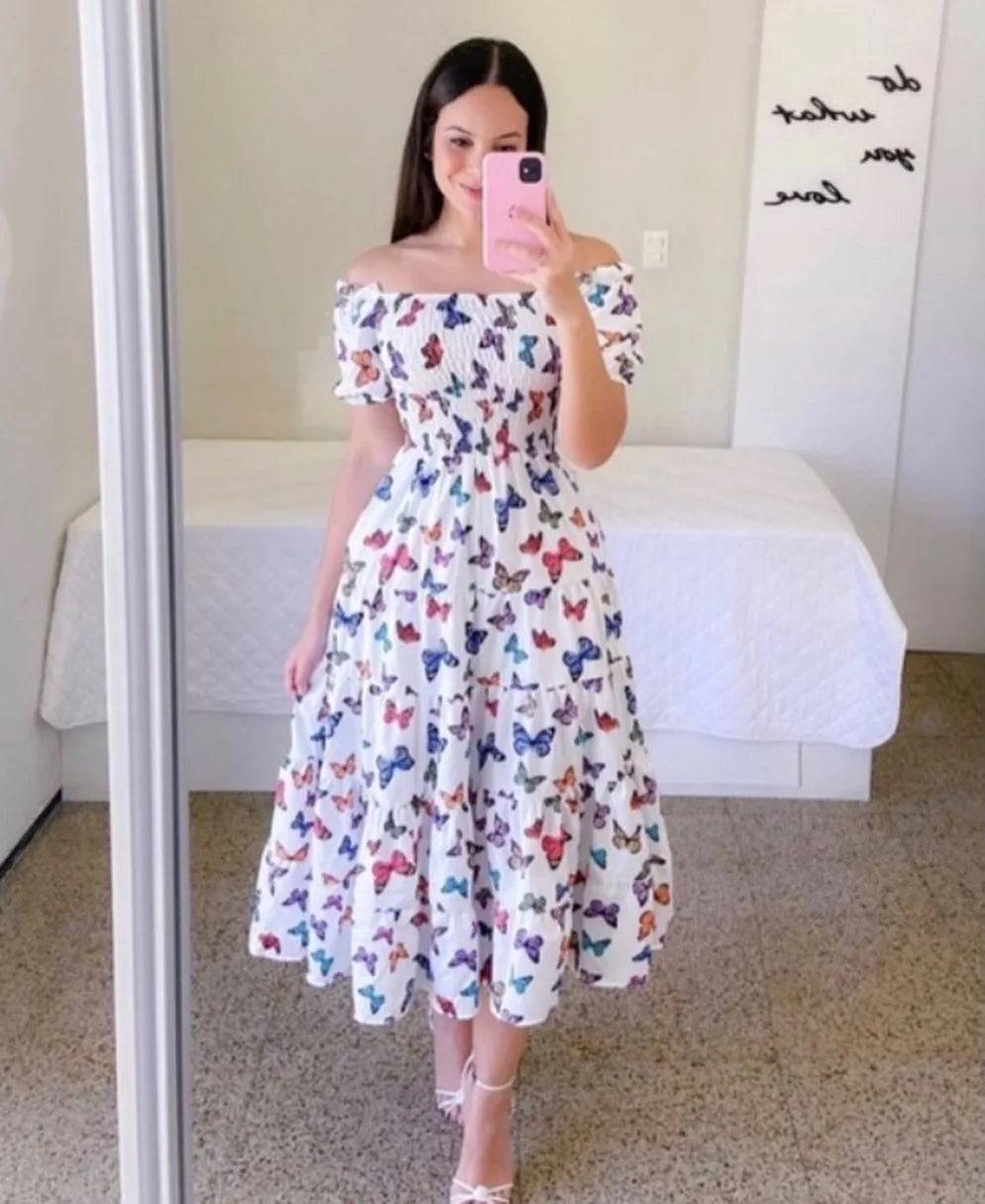 Elegant Women'S Off Shoulder Midi Dress 2024 Summer Fashion Dresses High Waist Flower Print Short  Sleeve Dress Robe Clothing
