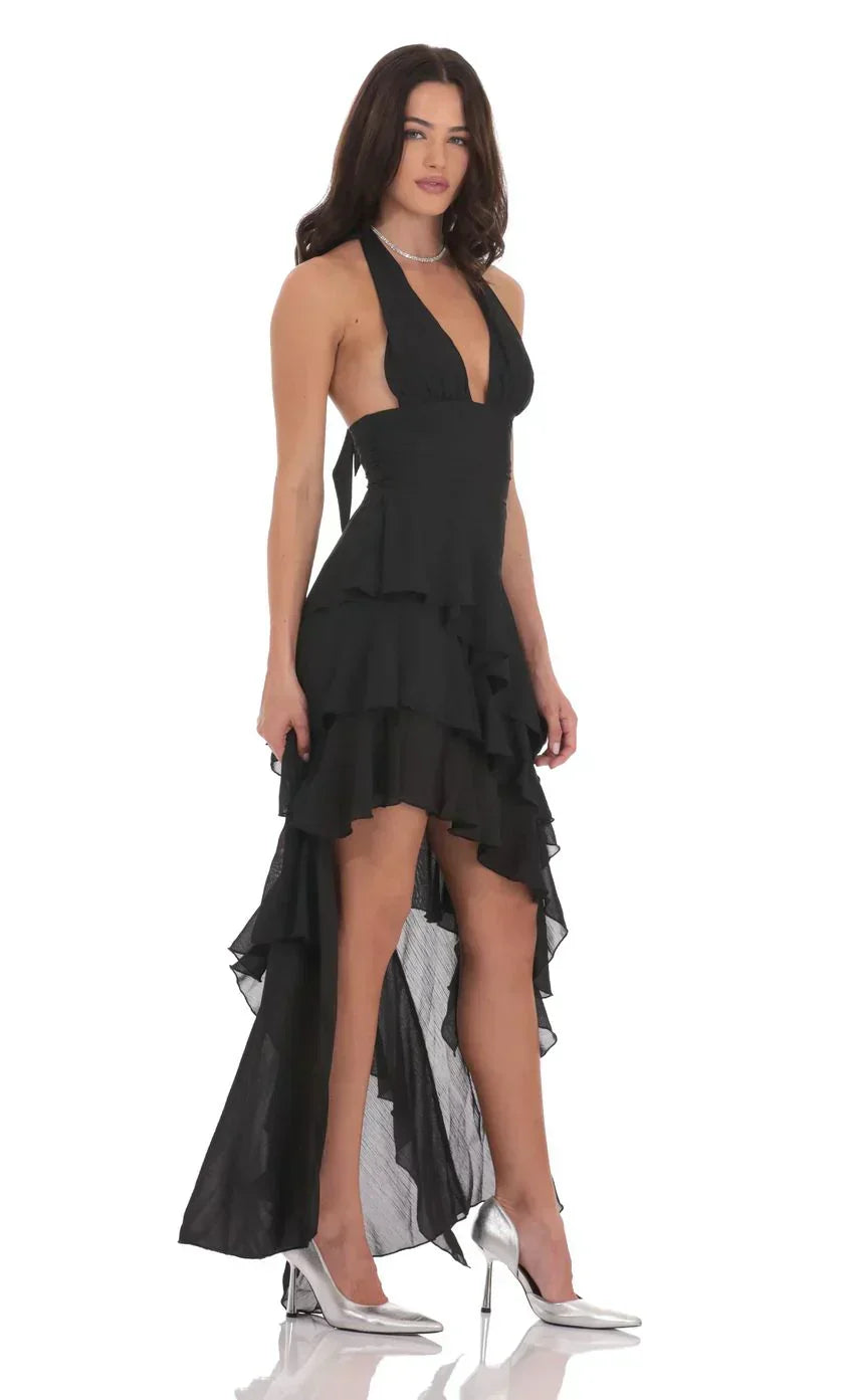 Asymmetrical Ruffle Maxi Dress in Black