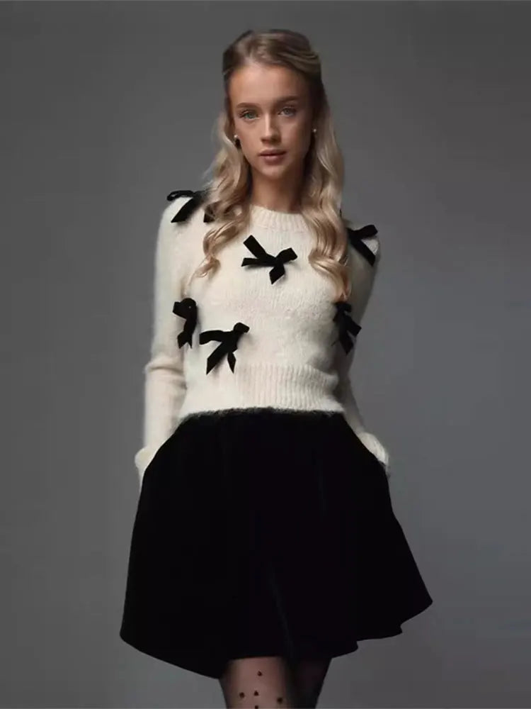 Fashion 3D Bow Round Neck Sweater For Women Elegant Long Sleeve Slim Warm Pullover 2024 New Autumn Female Commuting Streetwear